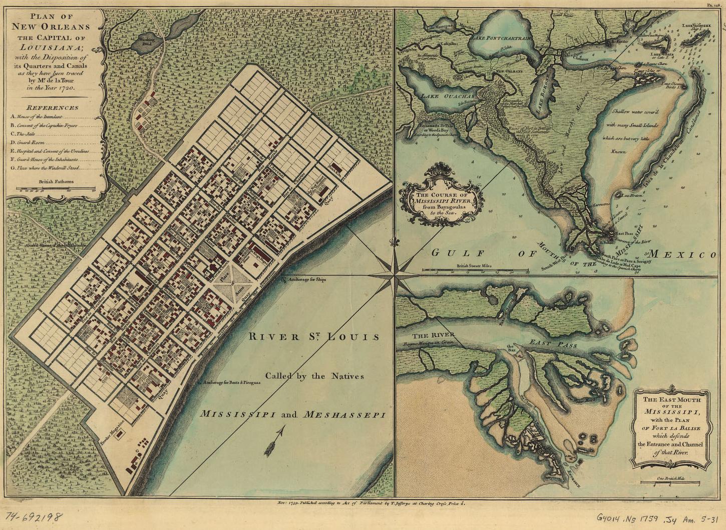 1759 map with road to Bayou St. John (and then to the Lake