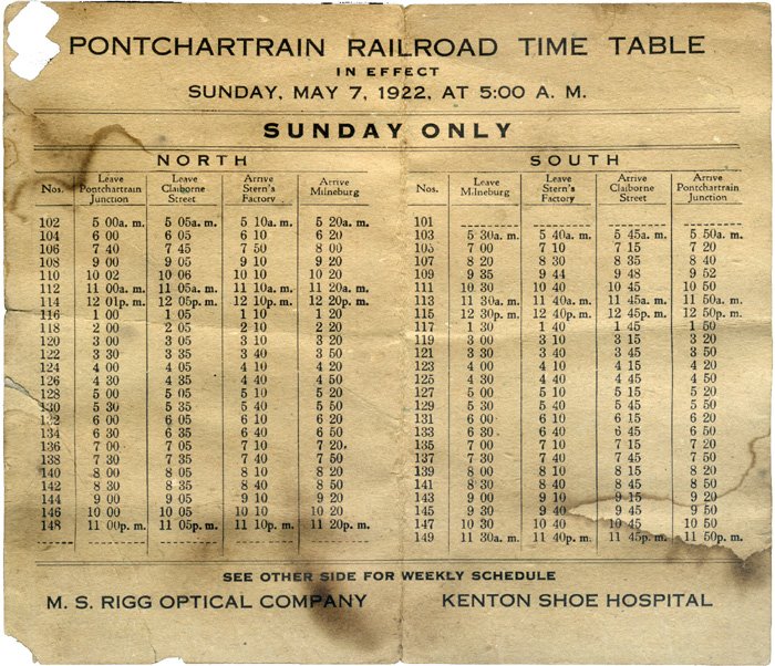 1922 - Pontchartrain Railroad Schedule