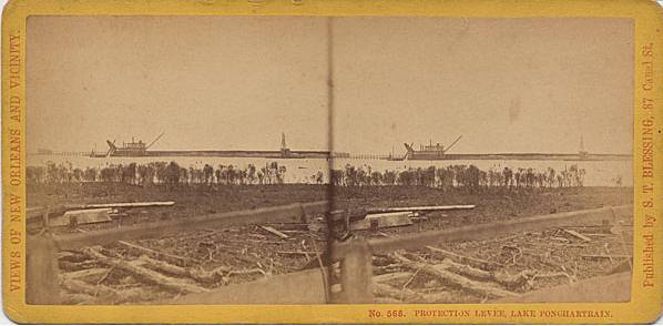 1875  Rowles Stereograph Photograph titled 'Protection levee Lake Pontchartrain' created by S.T. Blessing.