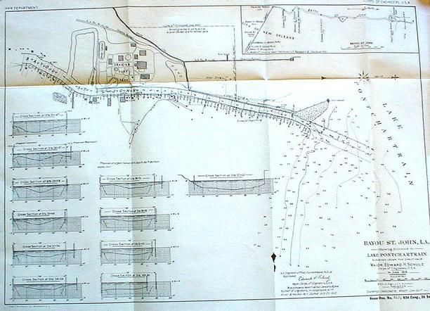 1913 Army Corps Of Engineers chart and report (see below)of a survey of Bayou St. John at the entrance to the lake.